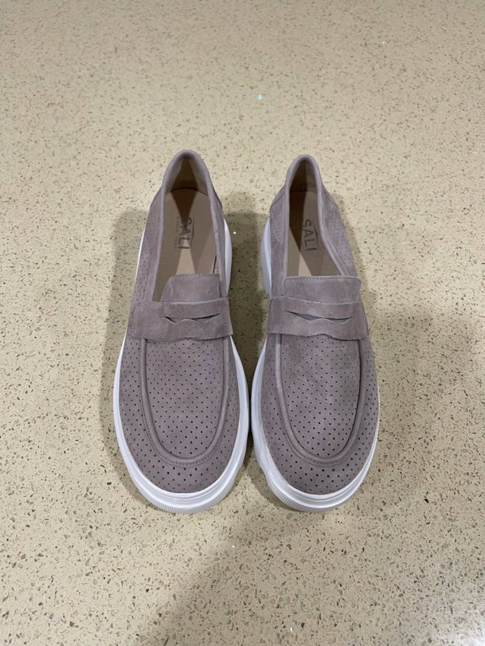 Suede Perforated Taupe Penny Loafers with White Sole